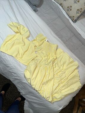 Yellow Striped Women’s Skirt Set - Smocked Top & Midi Skirt